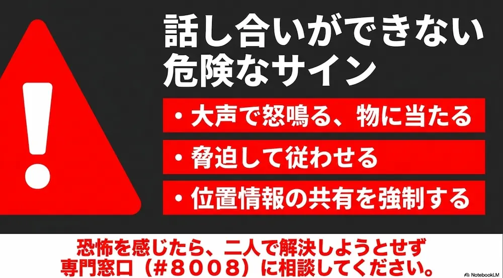 大声で怒鳴る、脅迫する、位置情報を強制するなどの危険なサインと、恐怖を感じたら専門窓口（#8008）へ相談するよう促す注意喚起