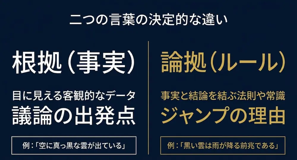 根拠は客観的なデータで議論の出発点、論拠は事実と結論を結ぶ推論のルールであるという二つの決定的な違いを図解したスライド