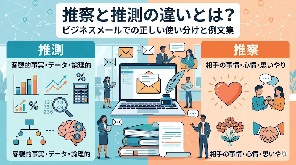 推察と推測の違いやビジネスメールでの使い分けを説明するイメージ画像。