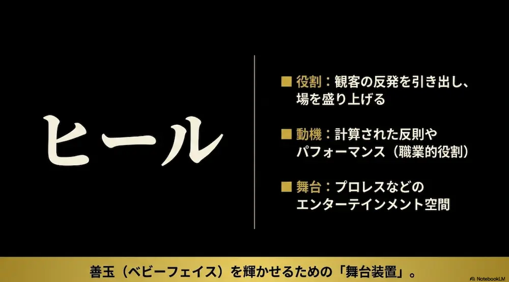 エンターテインメント空間で、観客の感情を操作し善玉を輝かせる舞台装置としてのヒールの役割をまとめたスライド