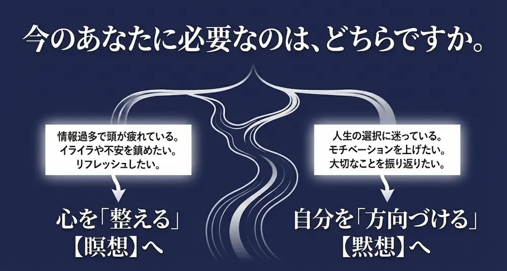 情報過多なら瞑想、人生の迷いには黙想を選ぶためのチェックリスト