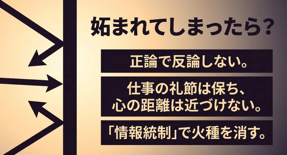 妬まれた時は正論で反論せず、仕事の礼節は保ちつつ心の距離を取り、情報統制で火種を消す対処法を矢印のイメージと共に示す図解