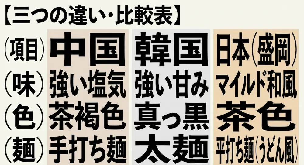中国、韓国、日本のジャージャー麺における味、色、麺の違いをまとめた比較表
