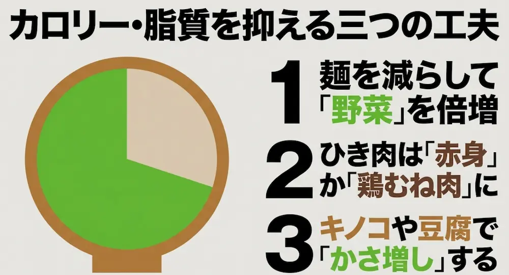 麺を減らして野菜を増やす、赤身肉を使う、キノコや豆腐でかさ増しするカロリーと脂質を抑える3つの工夫