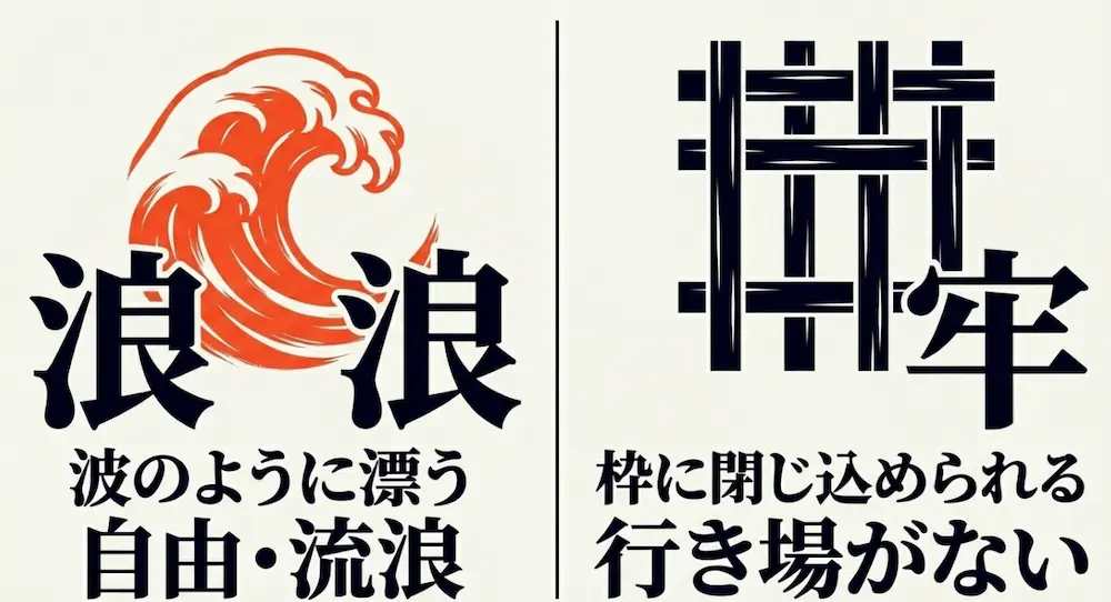 浪人は波のように漂う自由や行き場のない状態を表し、牢人は枠に閉じ込められる状態を表す語源解説スライド