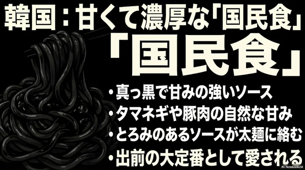真っ黒で甘みの強いソースと太麺が特徴である韓国のチャジャンミョン