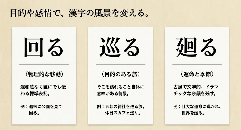 「回る」は物理的な移動、「巡る」は目的のある訪問、「廻る」は古風で文学的な表現として使い分けるイメージを比較したスライド。
