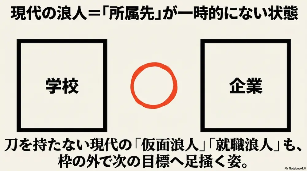 現代の浪人は学校や企業などの所属先が一時的にない状態を指し、刀を持たない仮面浪人や就職浪人も枠の外で足掻く姿であることを示すスライド