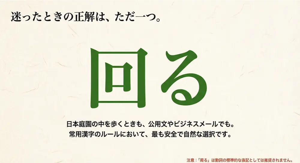 「庭をまわる」と迷ったときは「回る」が最も安全で自然な表記だと示すスライド。日本庭園、公用文、ビジネスメールでも使いやすいことを説明している。
