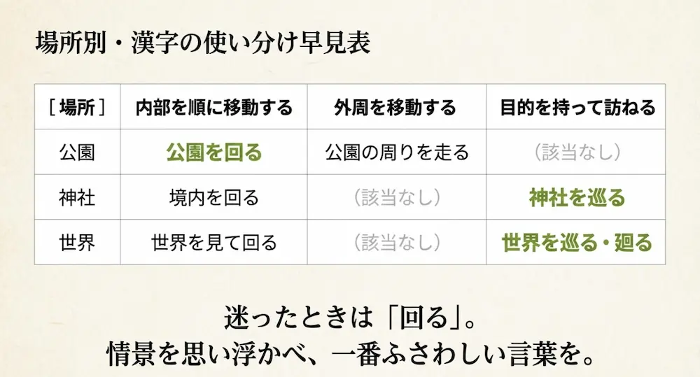 公園・神社・世界の例で、「回る」「周りを走る」「巡る」「廻る」の使い分けを一覧でまとめた早見表スライド。