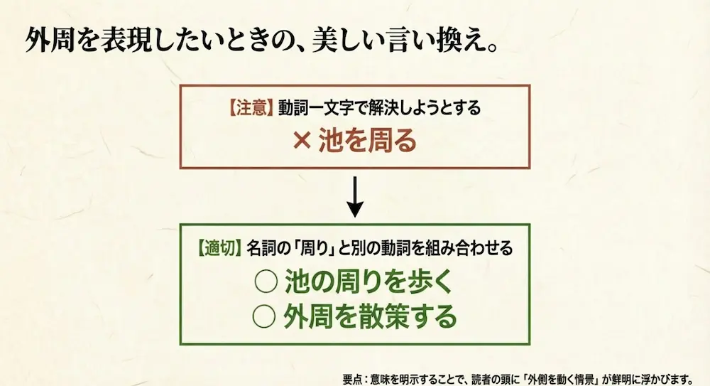 「池を周る」のような表現を避け、「池の周りを歩く」「外周を散策する」といった自然な言い換えに変える考え方を示したスライド。
