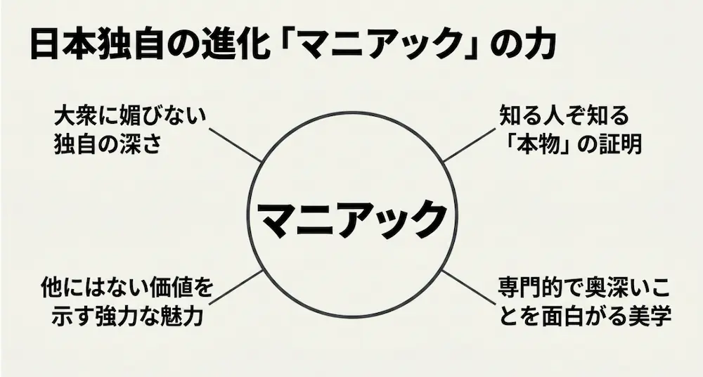 日本において「マニアック」という言葉が持つ、独自の深さや本物の証明という肯定的な意味合い