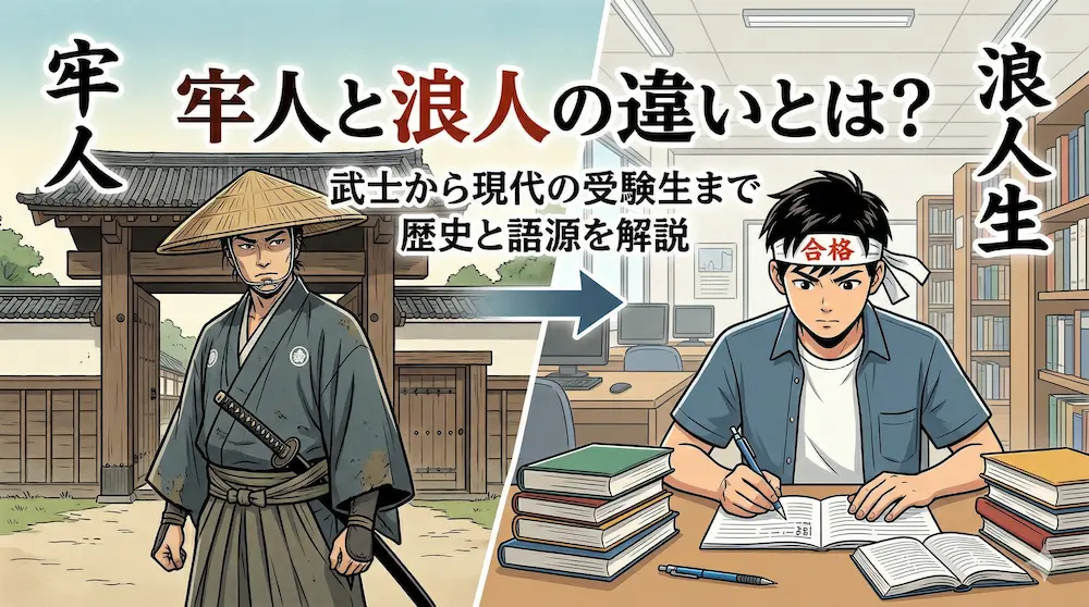 江戸時代の武士(牢人)と現代の受験生(浪人生)を対比させ、言葉の違いを解説するイメージ図。