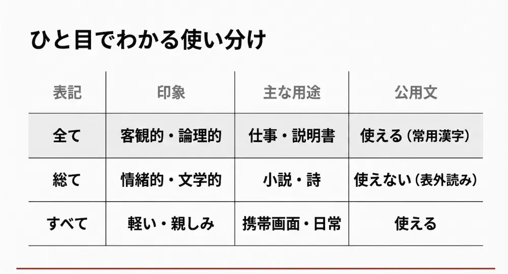 全て・総て・すべての印象と用途、公用文での使用可否がひと目でわかる使い分け比較表