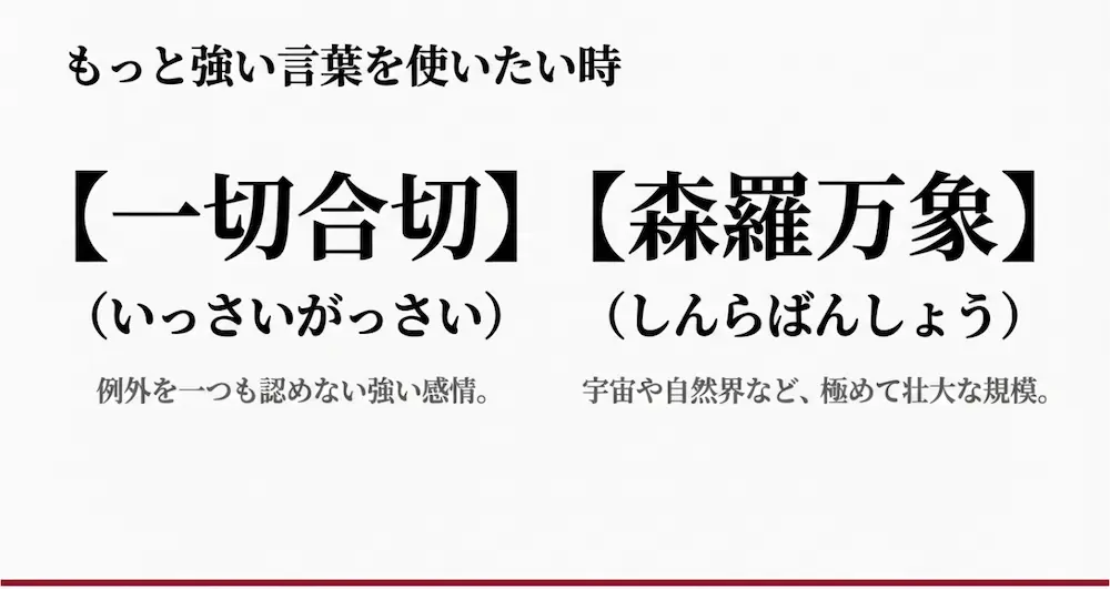 もっと強い言葉を使いたい時の類義語。「一切合切」は例外を一つも認めない強い感情、「森羅万象」は宇宙や自然界など極めて壮大な規模を表す