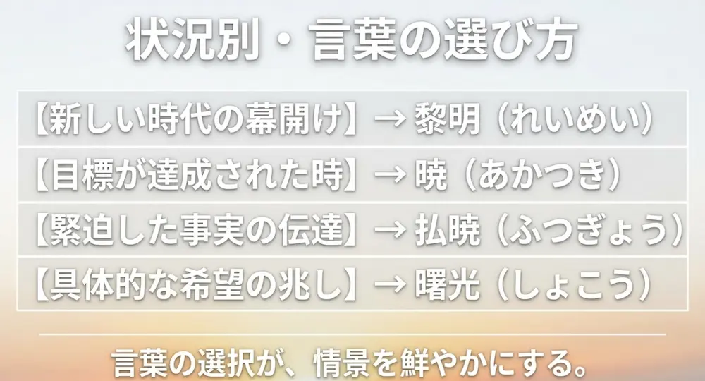 新しい時代の幕開けは黎明、目標達成時は暁、緊迫した事実伝達は払暁、具体的な希望の兆しは曙光という状況別の言葉の選び方まとめ