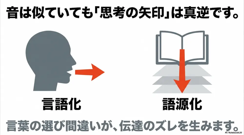 言語化と語源化の思考の矢印は真逆であることを示す図