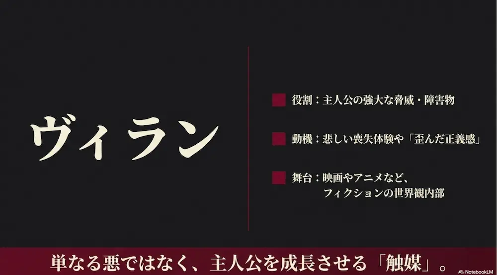 フィクションの世界観内部で、主人公の脅威となり成長を促す触媒としてのヴィランの役割や動機をまとめたスライド