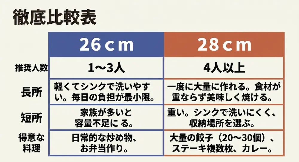 26cmと28cmフライパンの徹底比較表（推奨人数・長所・短所・得意な料理）