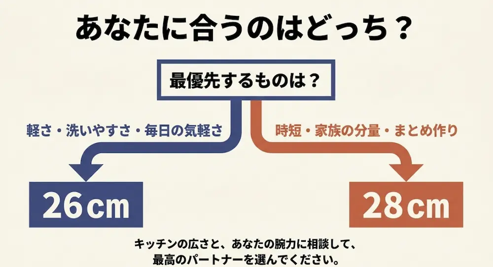 あなたに合うフライパンはどっち？軽さや気軽さを優先するなら26cm、時短やまとめ作りを優先するなら28cm